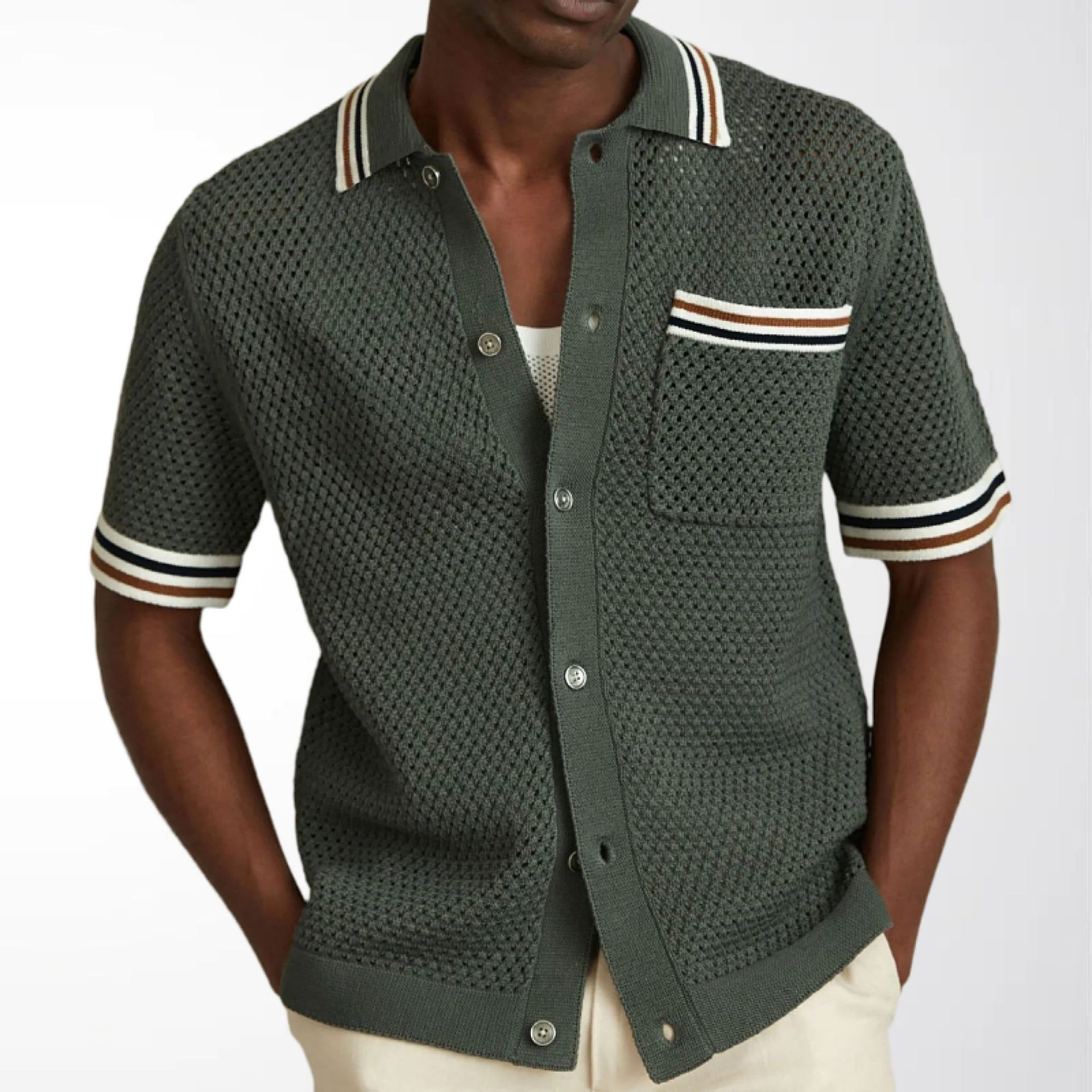 Men's Knitted Cardigan Summer Army Green Hollow-Out Contrast Striped Cardigan Polo Shirt Short-Sleeved Shirt in Stock Sy0200
