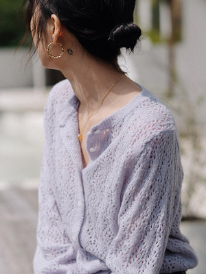 紫色针织开衫女薄款2021年新款防晒罩衫早春外套短款镂空上衣外搭|ms