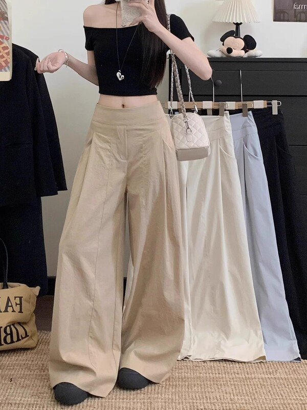 设计感侧拉链高腰阔腿裤女早秋2025新款百搭垂感纯色宽松休闲长裤|undefined