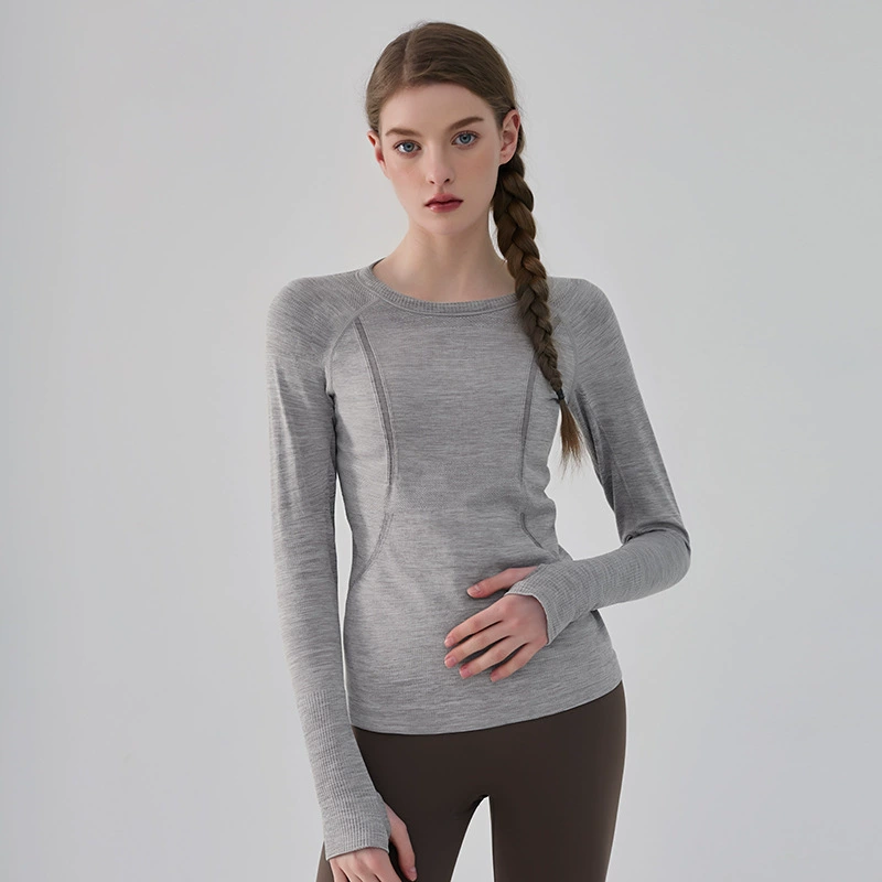 Demi-season fitted sports yoga clothing, long-sleeve for training for gym, round collar, for running