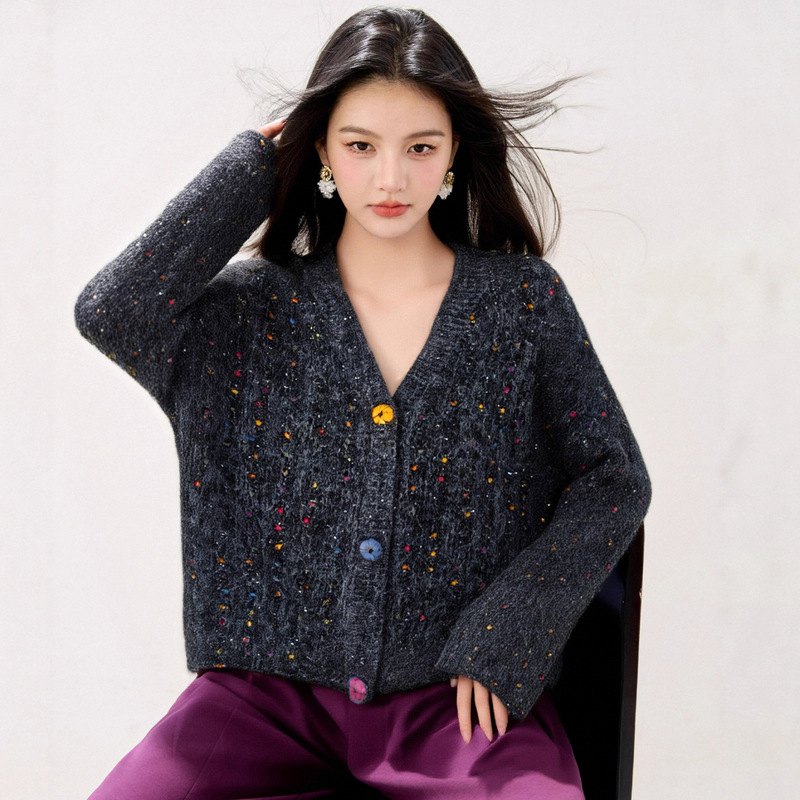 R9307彩点毛衣女长袖宽松小众设计感秋冬新款外套微胖显瘦网红潮|undefined