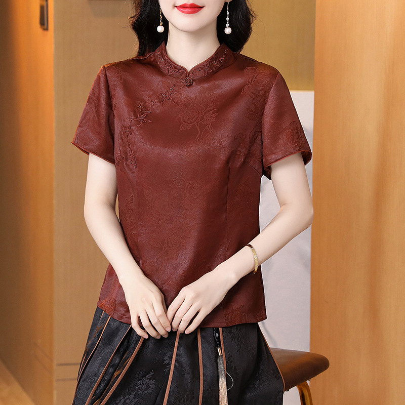 Ретро шелковая летняя одежда для матери, с вышивкой, короткий рукав