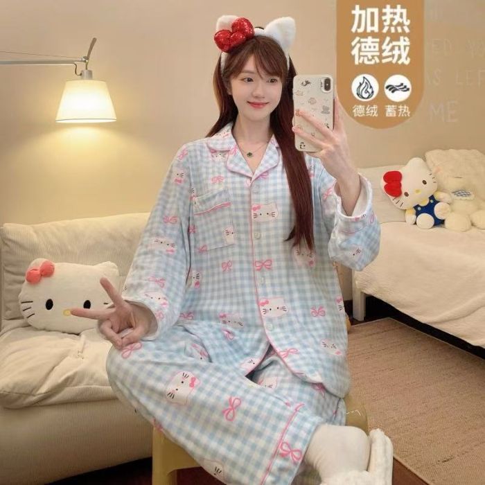 Otoño y invierno al por mayor transfronterizo explosión de doble cara de terciopelo térmico pijama de mujer dulce caricatura lindos cardigans conjunto de ropa para el hogar