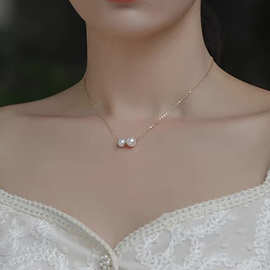 淡水珍珠项链新品7-9mm18k金链气质双珠路路通吊坠一件代发