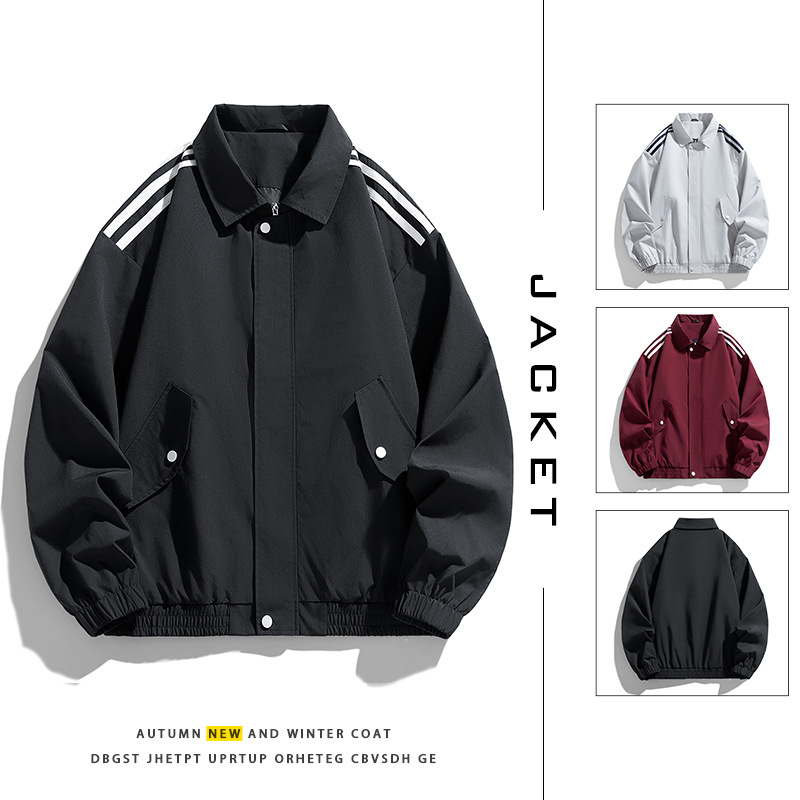 Spring and Autumn New Style Men's Turn-Down Collar Jacket with Three Stripes, Loose Fit, Trendy Korean Style, Dual-Zipper, Low Price, Bulk Sale, Public Version Spring and Autumn New Style Men's Turn-Down Collar Jacket with Three Stripes, Loose Fit, Trendy Korean Style, Dual-Zipper, Low Price, Bulk Sale, Public Version