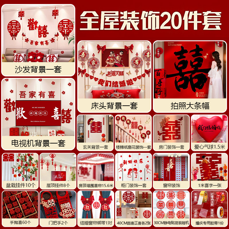 婚房布置结婚礼网红男方女方房间拉花套装新房客厅沙发背景墙装饰|undefined