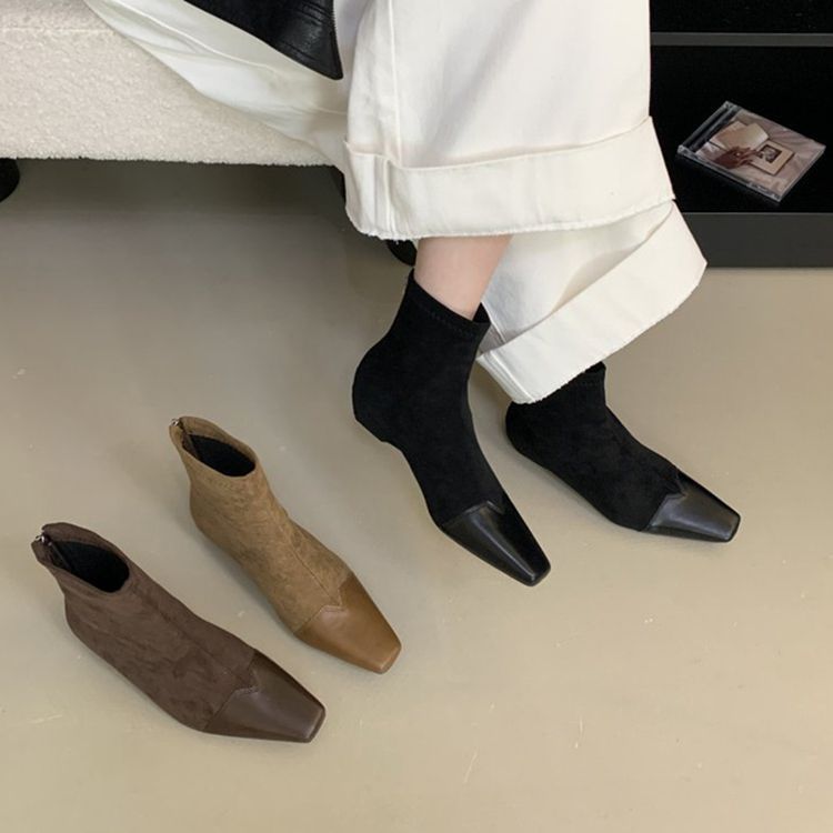 法式方头低跟绒面短靴秋冬新款百搭女靴拼接气质短筒靴粗跟瘦瘦靴