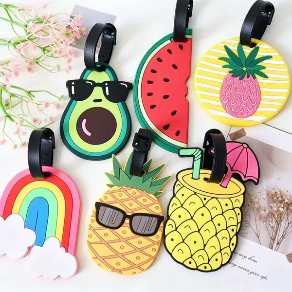 Cartoon-themed custom luggage tags, including small car and fruit designs, for suitcases and luggage; custom-made luggage tags to prevent loss