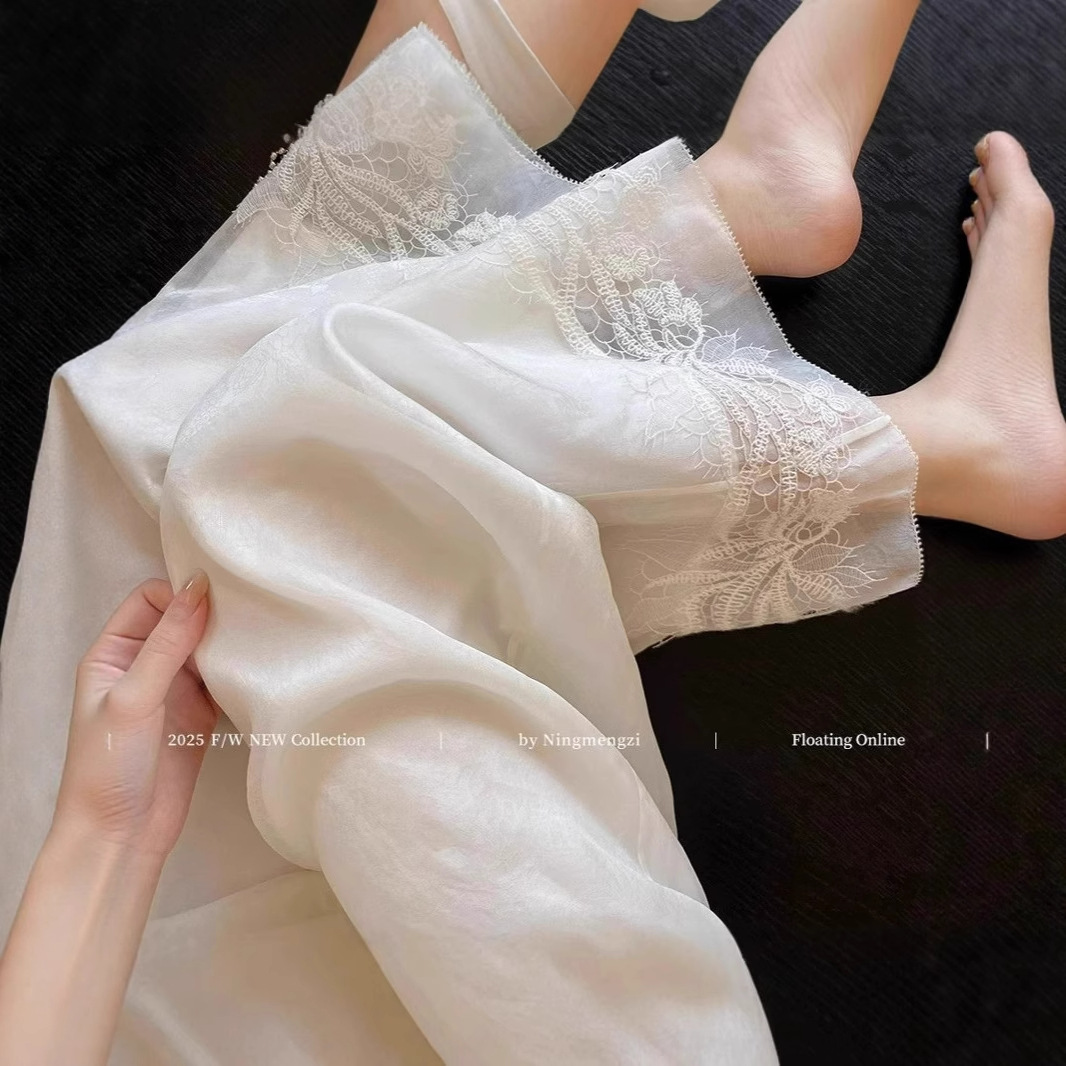 New Chinese Style Lace Edge Embroidery Splicing Mesh Casual Pants for Women 2025 Summer New Elegant Slimming Look Wide Leg Pants