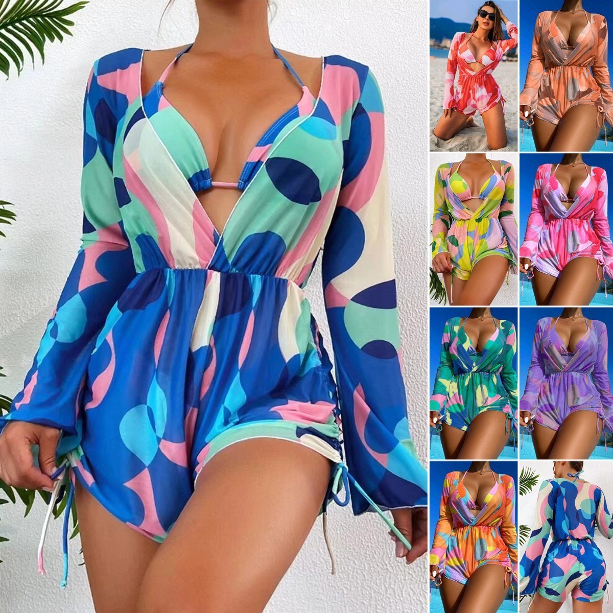 273g Weight Sleeveless, Long Sleeve Sleeve Length Women's Sexy Color Block 3 Pieces Set Bikinis Swimwear