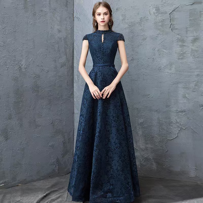 Evening dress women's 2025 new adult atmosphere stand collar navy blue host dress chorus performance dress