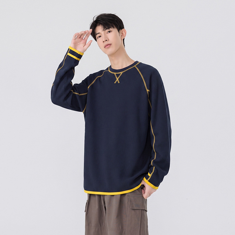 Hassu Line Round Neck Sweatshirt for Men, New Spring and Autumn Men's Wear, 3D Waffle Pattern, Simple Loose Fit, Sporty Long Sleeve Top
