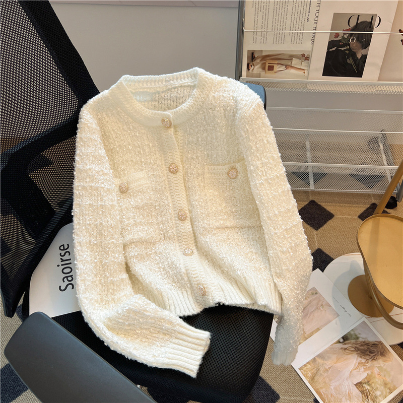 Nuevo estilo coreano de otoño y invierno suave pegajoso pequeño viento fragrante jersey de punto de camisa de estilo francés temperamento femenino delgado suéter de cuello redondo abrigo