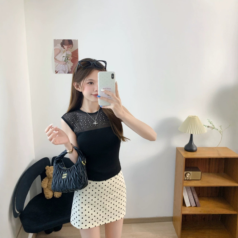 8516 # Summer New Style Hot Girl Style Mesh Patchwork Rhinestone Short-Sleeved T-Shirt for Women Slim Fit All-In-One Top with Chest Pads
