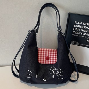 Cute K Cat Embroidered Wrist Bag New Denim Small Tote Bag Portable Storage Outing Style Handbag