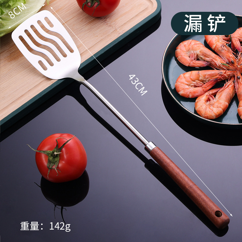 Cocina Mango de madera de cocina 304 espátula de acero inoxidable mango de madera creativo colador pala utensilios de cocina al por mayor