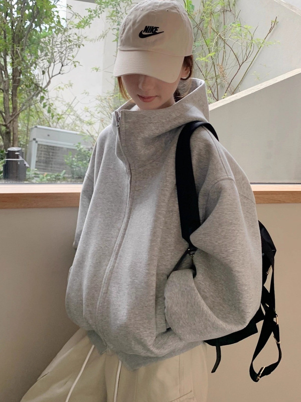 美式廓形高领连帽卫衣外套女宽松显瘦氛围感开衫上衣初秋长袖穿搭|undefined