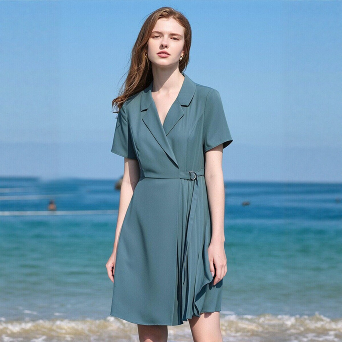 一手货源【丝珂】品牌专柜撤柜！纯色珍珠扣连衣裙25夏专柜价639