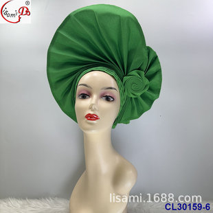 African-style applique coarse grain plain jacquard pleated woven rose fold styling turban auto gele