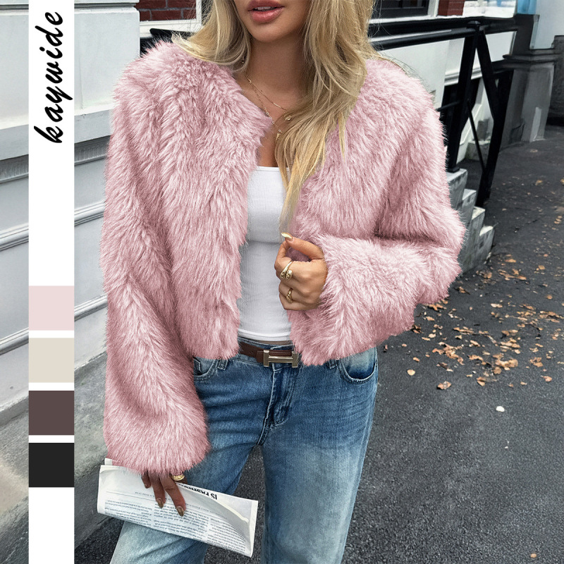 Cross-Border European and American Style Solid Color Long-Sleeve Fur Coat Women's Clothing 2025 Autumn and Winter Amazon Foreign Trade Independent Platform