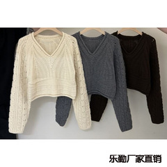 2025秋冬服新型ファッション百合襟長袖短金アクリル模様ニット女性セーター上着女性