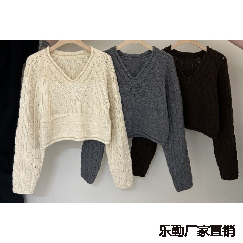 2025秋冬服新型ファッション百合襟長袖短金アクリル模様ニット女性セーター上着女性|undefined