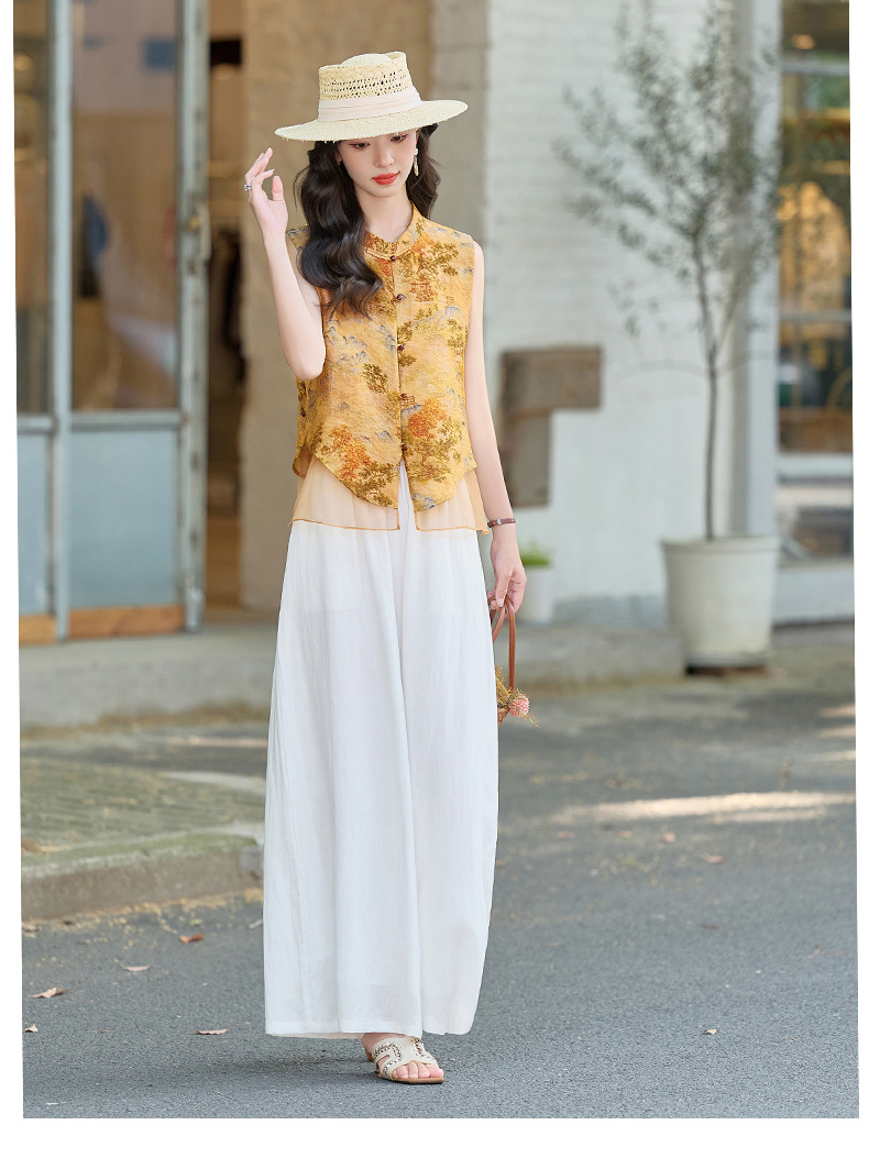Bộ quần áo nữ hai mảnh gồm áo sơ mi cổ đứng họa tiết jacquard và quần ống đứng — Màu ảnh chi tiết 9