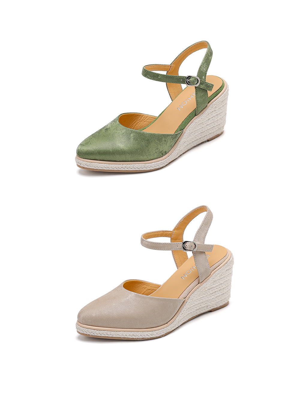 Sandal cao gót nữ phong cách Tân Trung Hoa, mũi kín quai ngang, đế xuồng bện rơm, gót 7 cm — xanh lá cây, màu mơ chi tiết 20