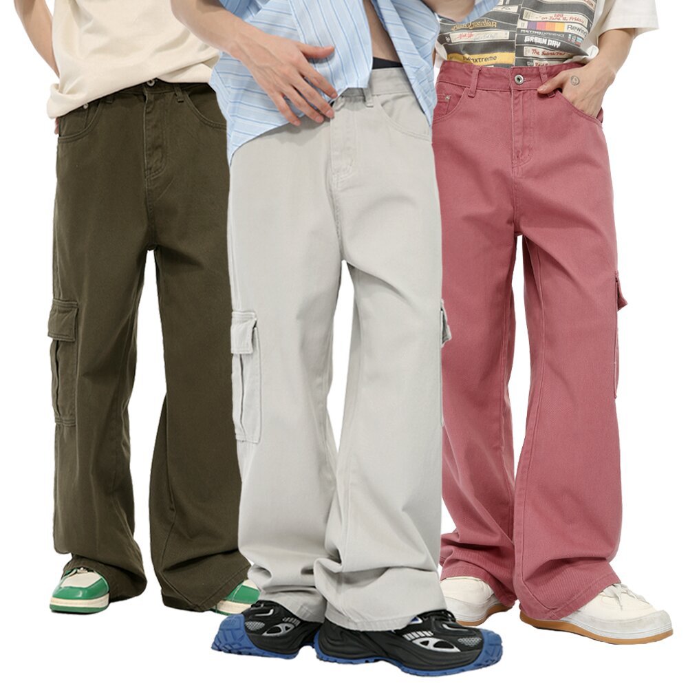 MTLCLOTHES ropa de hombre | Vaqueros de trabajo holgados de pierna ancha con bolsillos grandes y patchwork multicolor de estilo retro moderno.