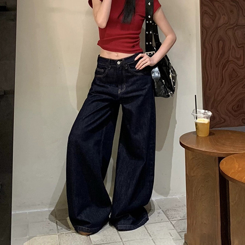 Lazy dark blue Casual Wide Leg Jeans Women's New High Waist Loose American Style Straight Pants Dipped Long Pants