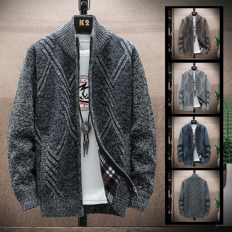 Foreign Trade 2024 Autumn and Winter New Men's Fleece-Lined Large Size Geometric Pattern Stand-Up Collar Cardigan Sweater Jacket for Young People Casual Wear