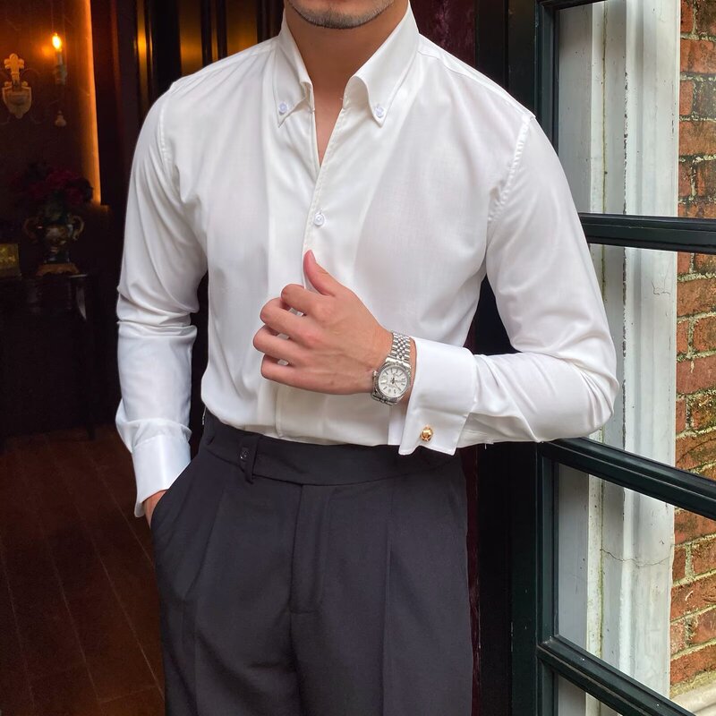 French Shirt Men's Long-Sleeved Slim Fit No-Iron Business Formal Wear Groom and Best Man Wedding Cufflinks White Shirt Slim Shirt