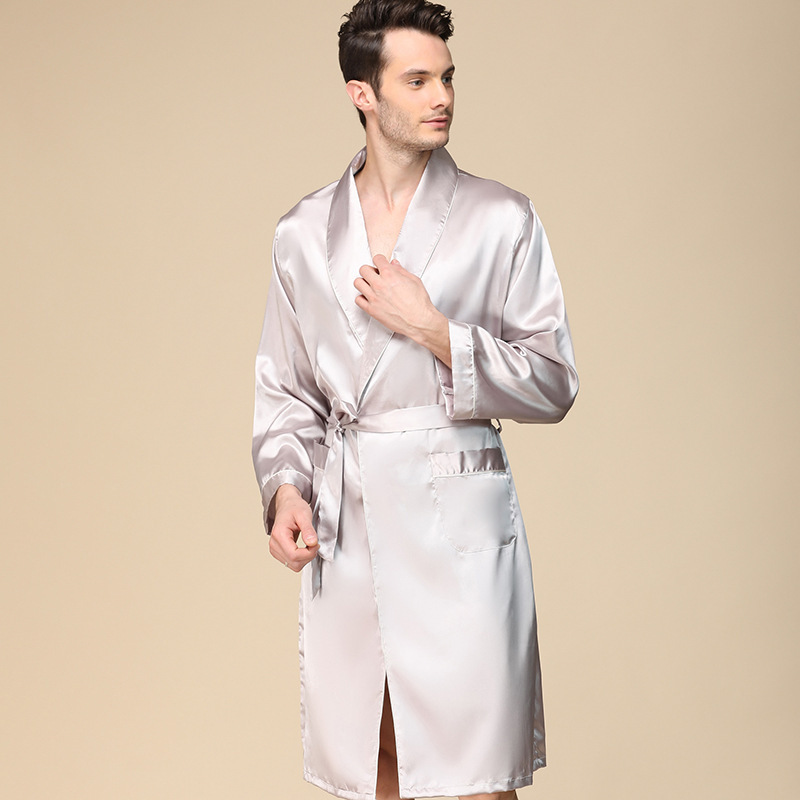 Foreign Trade Summer Men's Single-Piece Silk Nightgown Thin Imitation Silk Long-Sleeved Pajamas Men's Summer Plus Size Ice Silk Bathrobe