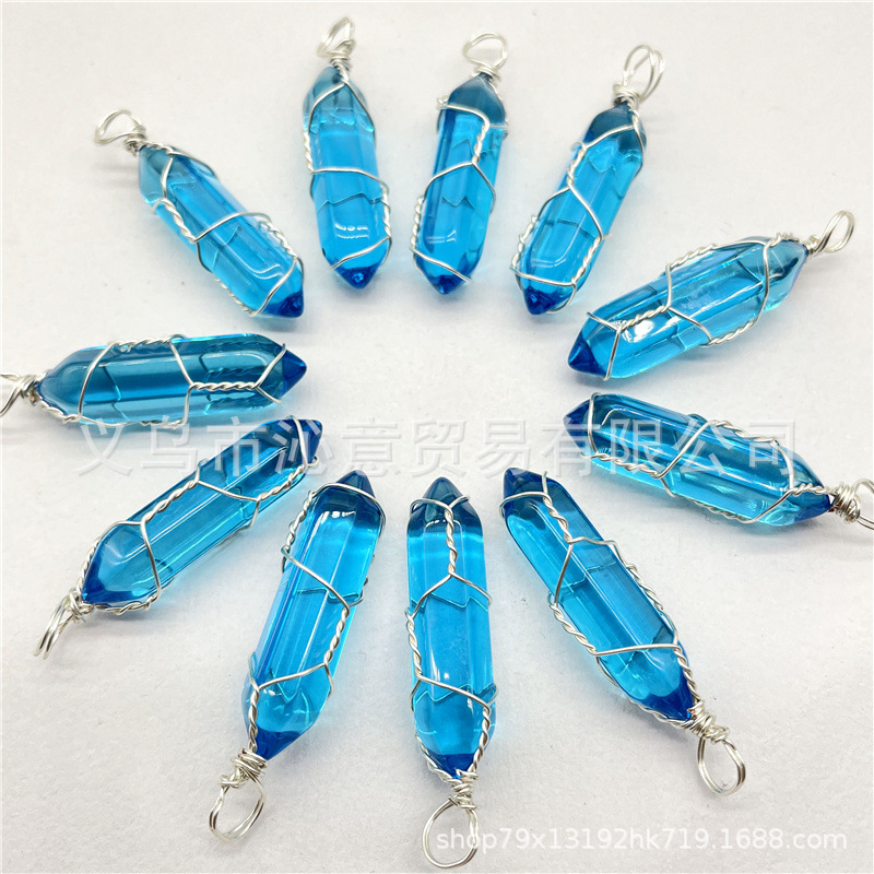 Comercio exterior caliente bobina hexagonal columna colgante collar de cristal natural hecho a mano de plata hilo bala joyería al por mayor