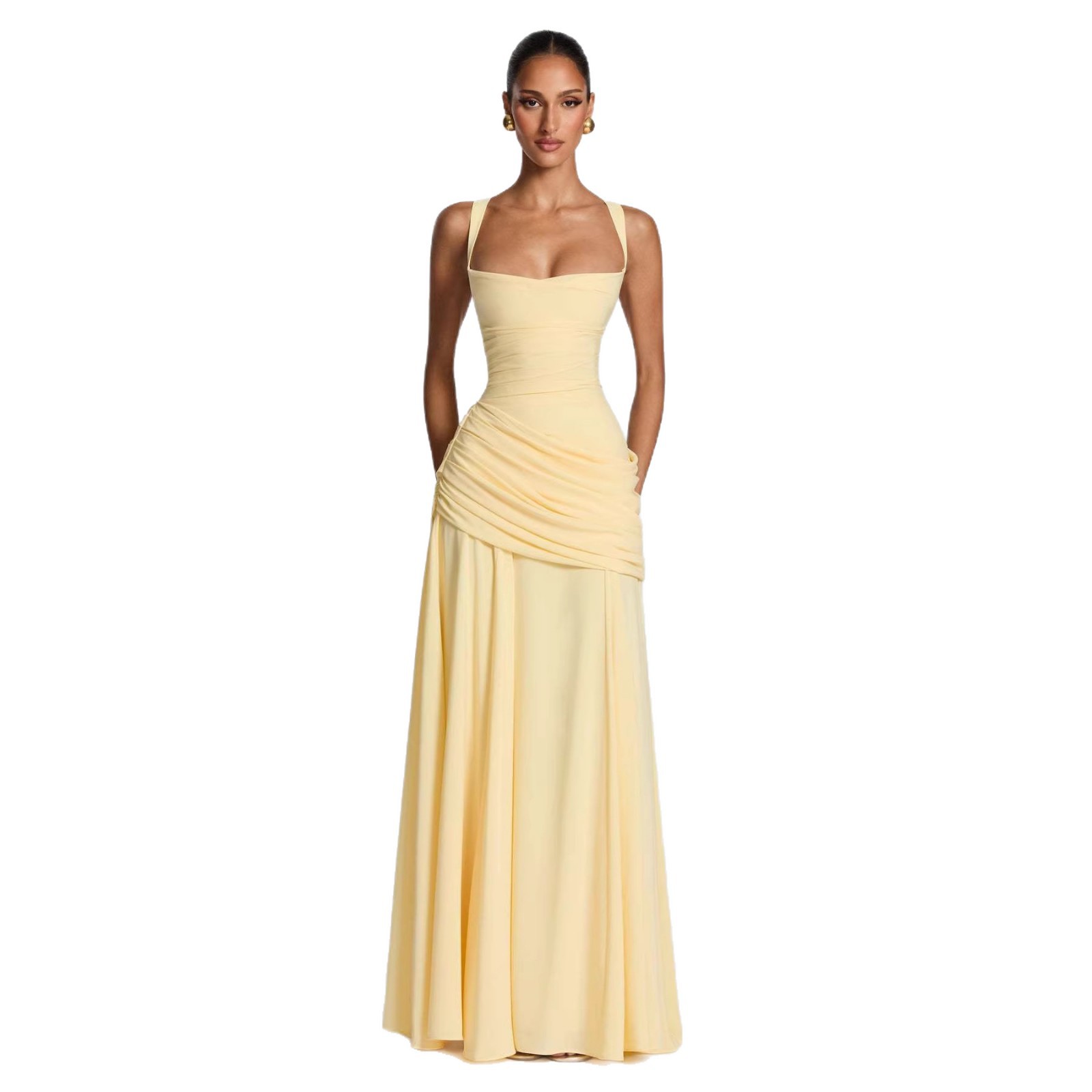 Women's Clothing High-Waisted Pleated Dress Elegant Resort Style Square Neck A-Line Full Skirt Spring For Formal & Casual For Women_ecoleips.com