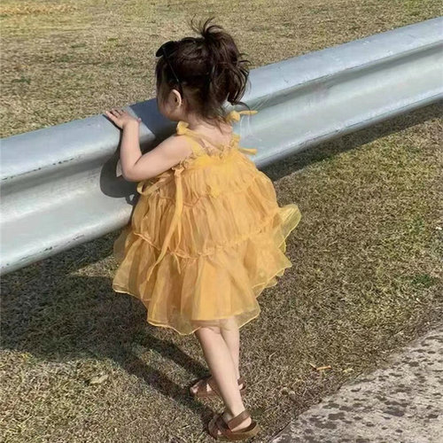 Little Girls' Dress with Lace Sleeve Net Dress Princess Dress 24 Summer New Model Foreign Trade Children's Clothing Drop Shipping 3-8 Years Old