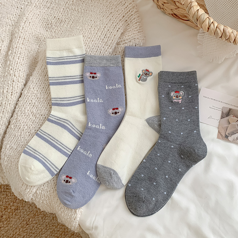 Koala Socks for Women 2025 Autumn and Winter New Warm Wool Socks Cute Cartoon Embroidered Mid-Calf Socks for Women Japanese Style Socks