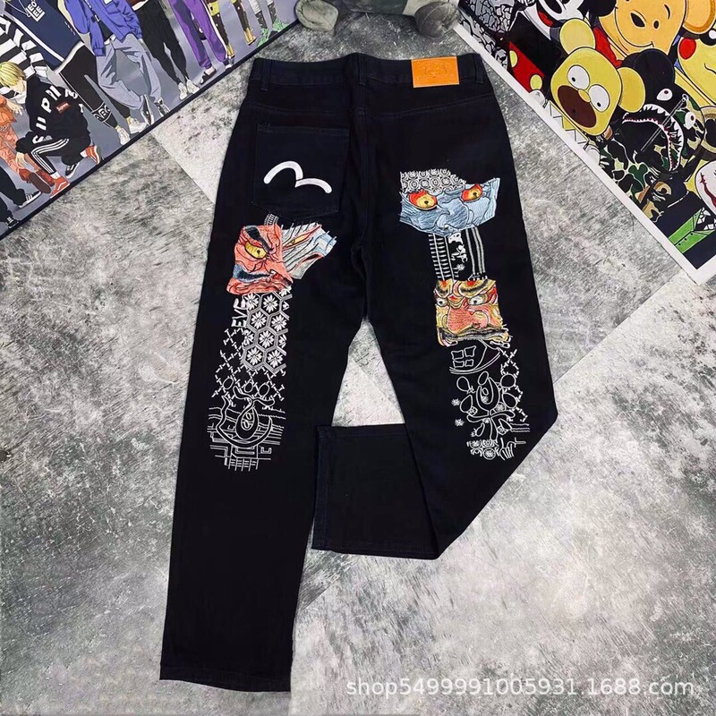 Hot New Evisu Fushen Daruma Heavy Embroidery Large m Print Three-Dimensional Stylish Denim Pants Unisex