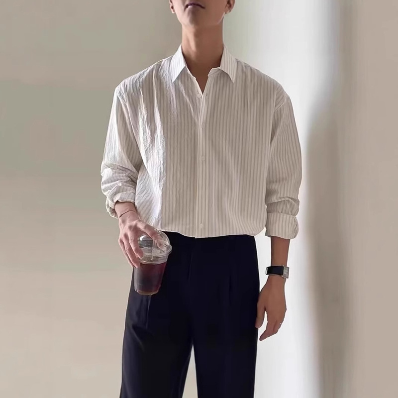 Striped Shirt Men's Design Sense Niche Planky Handsome Casual Shirt Japanese Style Spring and Autumn Long Sleeve Fashionable All-match Coat Trendy