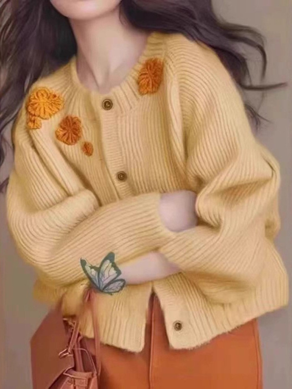 简约刺绣花朵减龄小香风毛衣女秋冬新款针织开衫外搭洋气上衣女|undefined