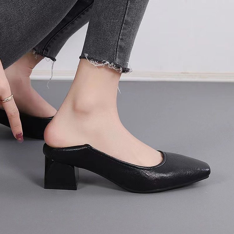 Zapatos de cuero de talón medio grueso para mujeres 2025, primavera nuevo estilo de zapatos de cabeza cuadrada para mujeres, zapatos de trabajo de cuero suave de talón suave