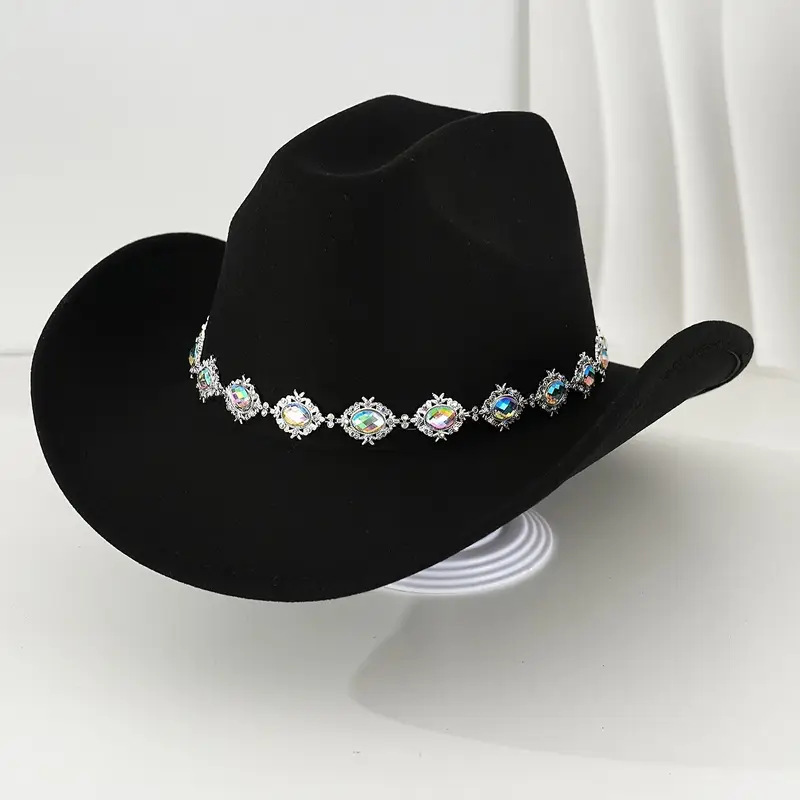 British Felt Western Cowboy Hat Gemstone Chain Decoration Autum Hat Large Brim Outdoor Party Retro Hat British Felt Western Cowboy Hat Gemstone Chain Decoration Autum Hat Large Brim Outdoor Party Retro Hat