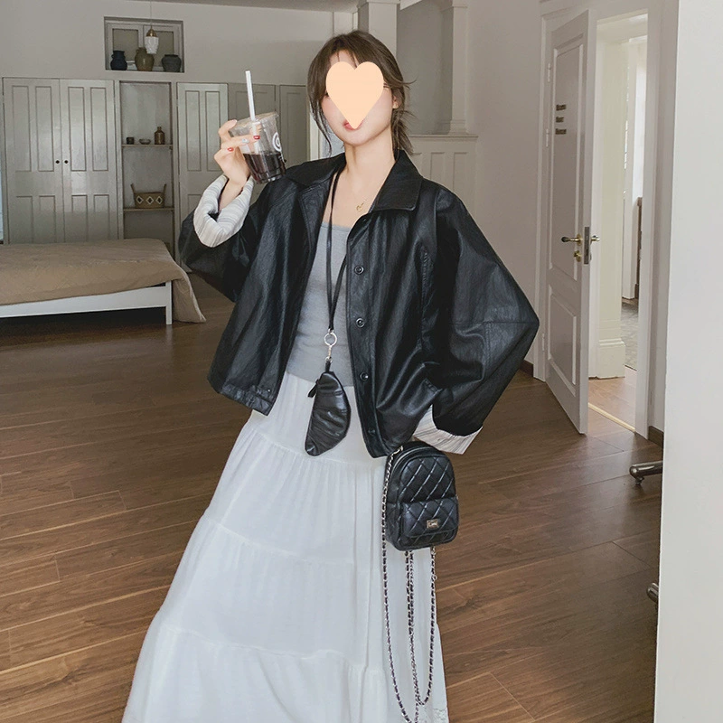 Черная кожаная куртка из протеина для женщин, весна-осень 2025, горячая новинка, корейский стиль, свободная, стильная мотоциклетная куртка
