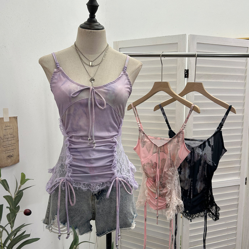 Real Shot Millennium Spice Heavy Industry Lace Stitching Printed Beaded Camisole Strap Short Sleeveless Top 6186