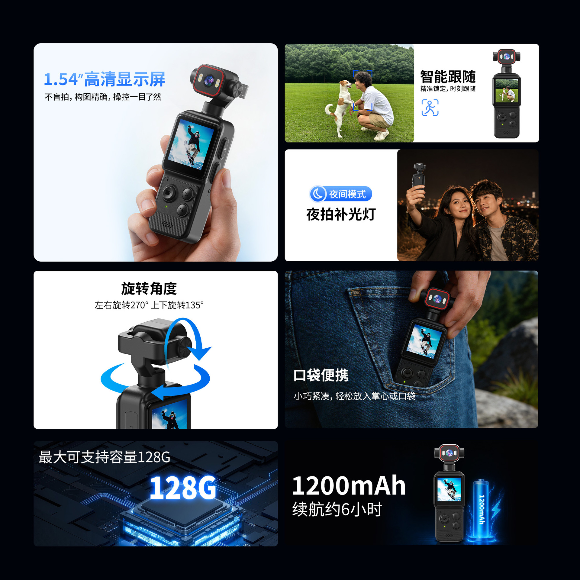 4K HD Pocket Sports Camera con pantalla anti-vibración Camera de viaje al aire libre grabadora VLOG inteligente