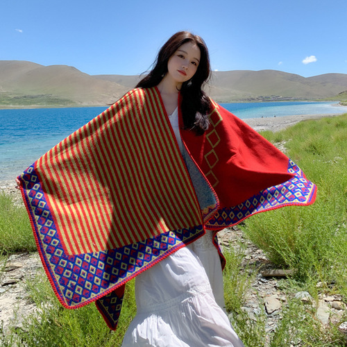 Qinghai Lijiang Xinjiang travel ethnic style shawl striped red cloak autumn and winter slit scarf thickened new fashion