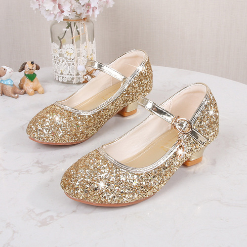 Children's High Heels, Girls' Fashion Student Silver Sparkle Performance Shoes, Female Baby Etiquette Flower Shoes