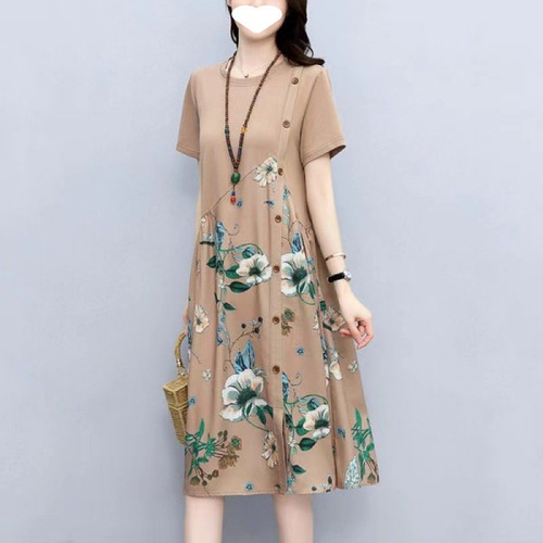2025 short-sleeved dress, women's summer retro print, fat, skin-covering, loose casual mid-long line dress