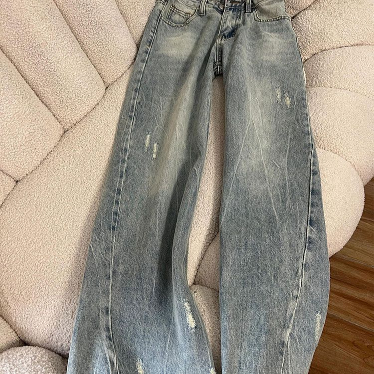 Designed Frayed Loose Straight Jeans for Women Summer New Style Washed and Distressed High-Waisted Slim Floor-Length Wide-Leg Pants