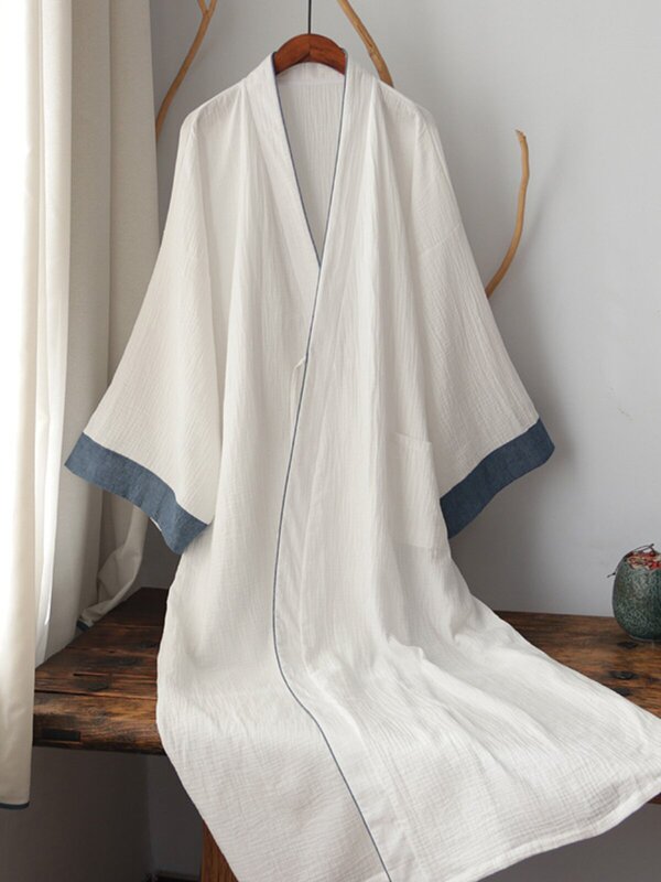 Chinese Style Color-Blocked White Hanfu Long Robe, Home Wear, Pajamas, Sleepwear, Zen Clothing, New Chinese Style, Ancient Style, Pure Cotton, Han Elements